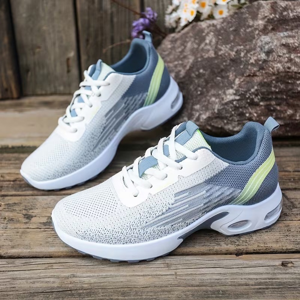 Womens Lightweight Mesh Running Sneakers White Grey Lime Green Air Cushion - Picture 1 of 4